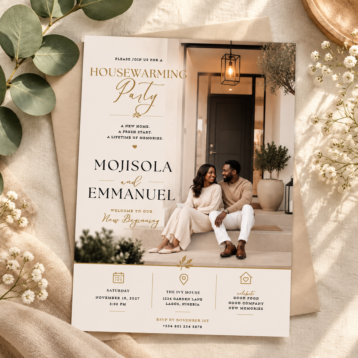 Hero: Housewarming Party Invitation – Beige & Gold, elegant editable Canva invitation