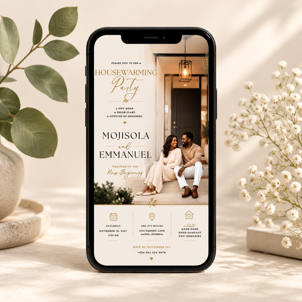 Phone: Housewarming Party Invitation Beige & Gold shown on a phone screen