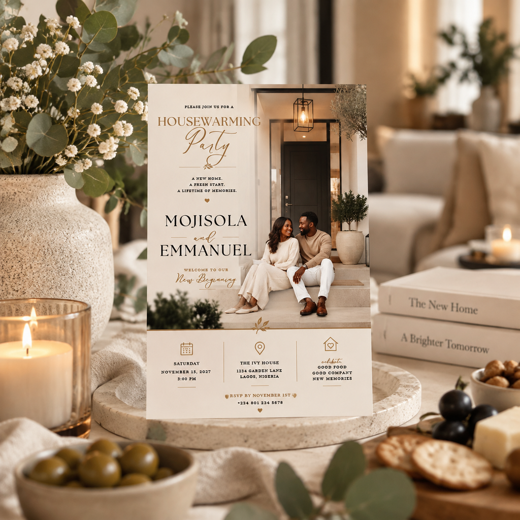 Styled: Housewarming Party Invitation Beige & Gold in a warm new home celebration setting