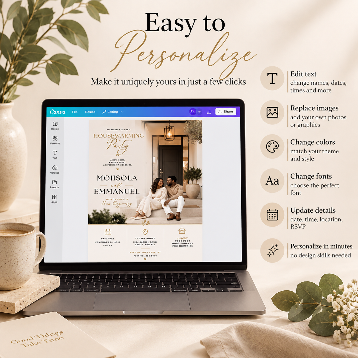 Easy to Personalize: Editing the Housewarming Party Invitation Beige & Gold in Canva
