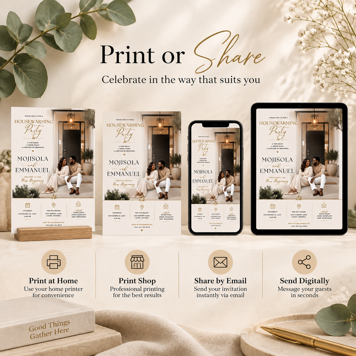 Print or Share: Housewarming Party Invitation Beige & Gold, print at home or share digitally