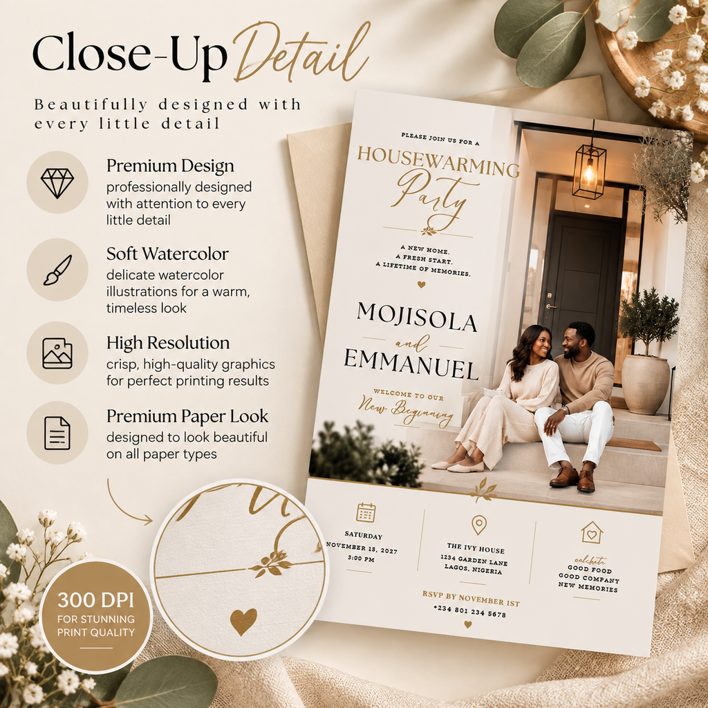 Close-up: Close-up detail of the Housewarming Party Invitation Beige & Gold design