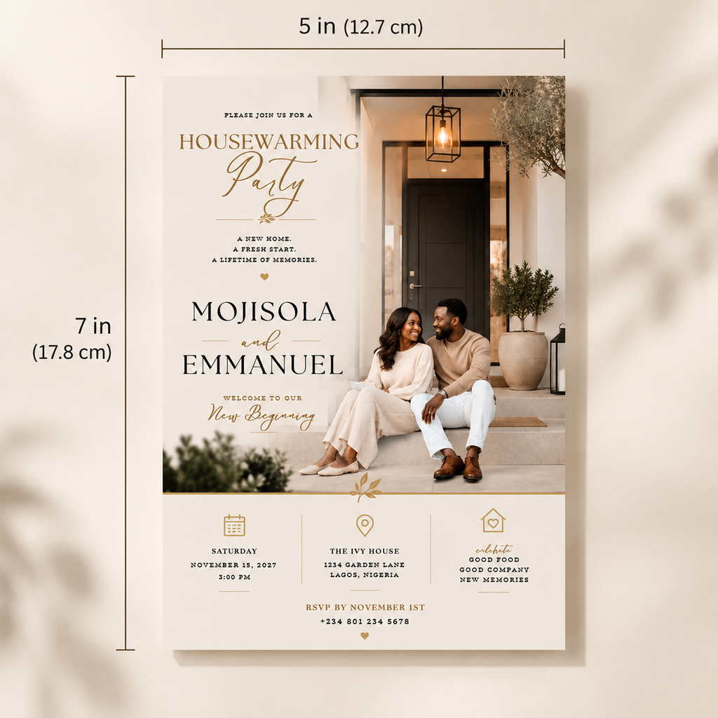 Size: Housewarming Party Invitation Beige & Gold, 5x7 inch size guide
