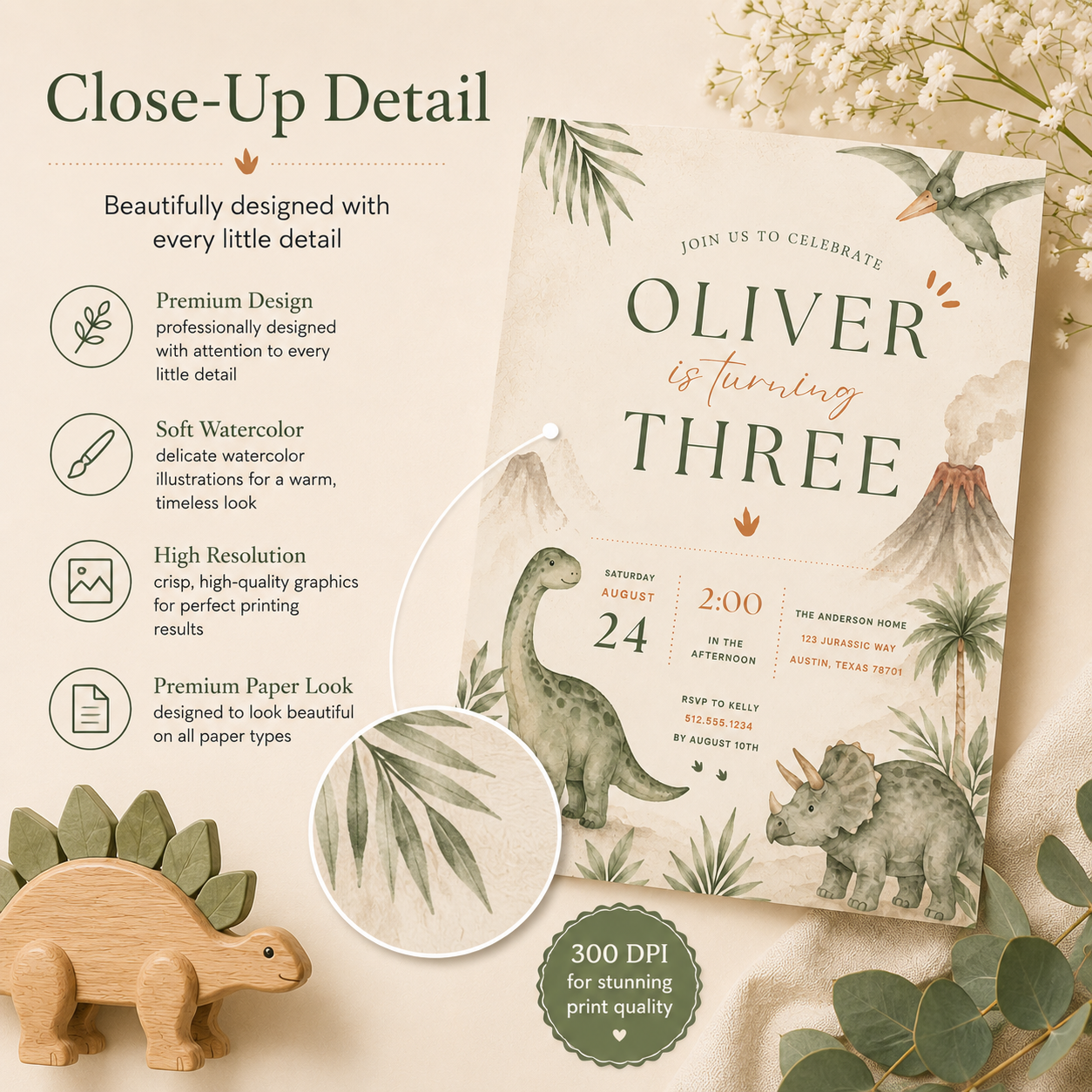 Dinosaur Birthday Invitation Boy – Boho Watercolor