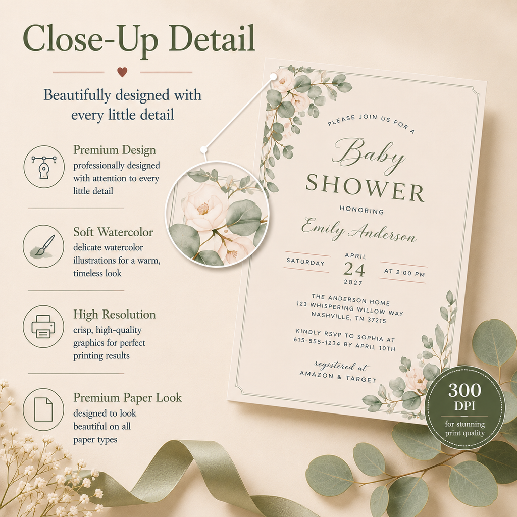 Botanical Baby Shower Invitation Template – Neutral Cream