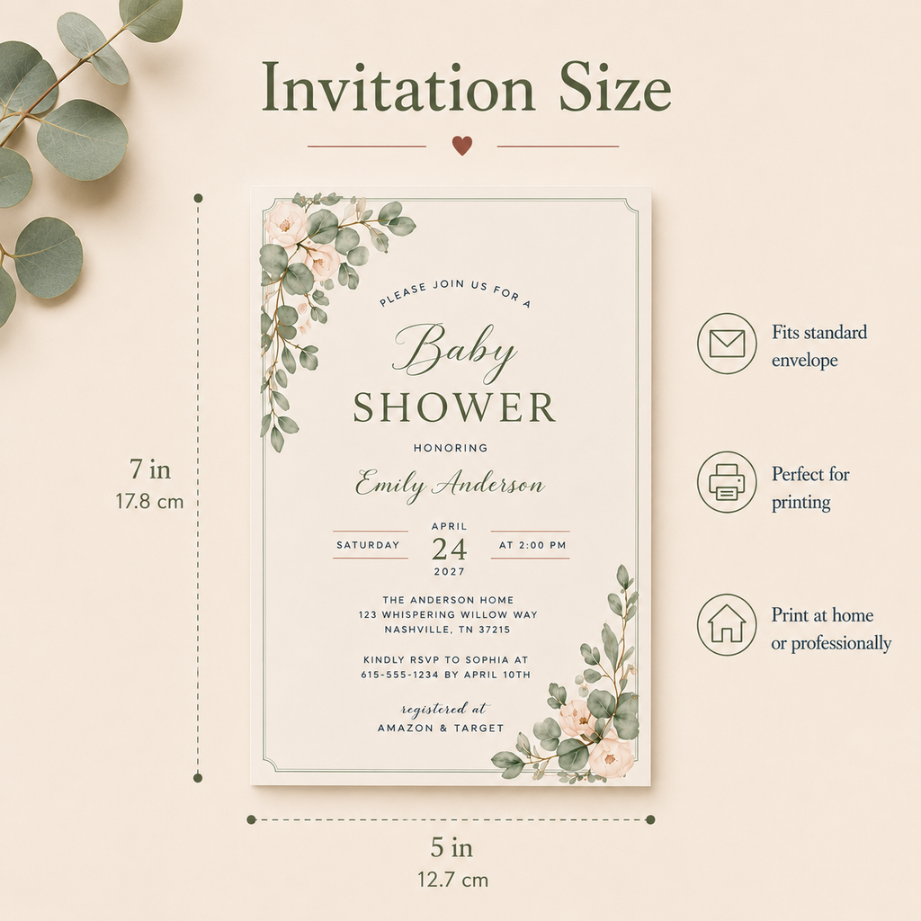 Botanical Baby Shower Invitation Template – Neutral Cream