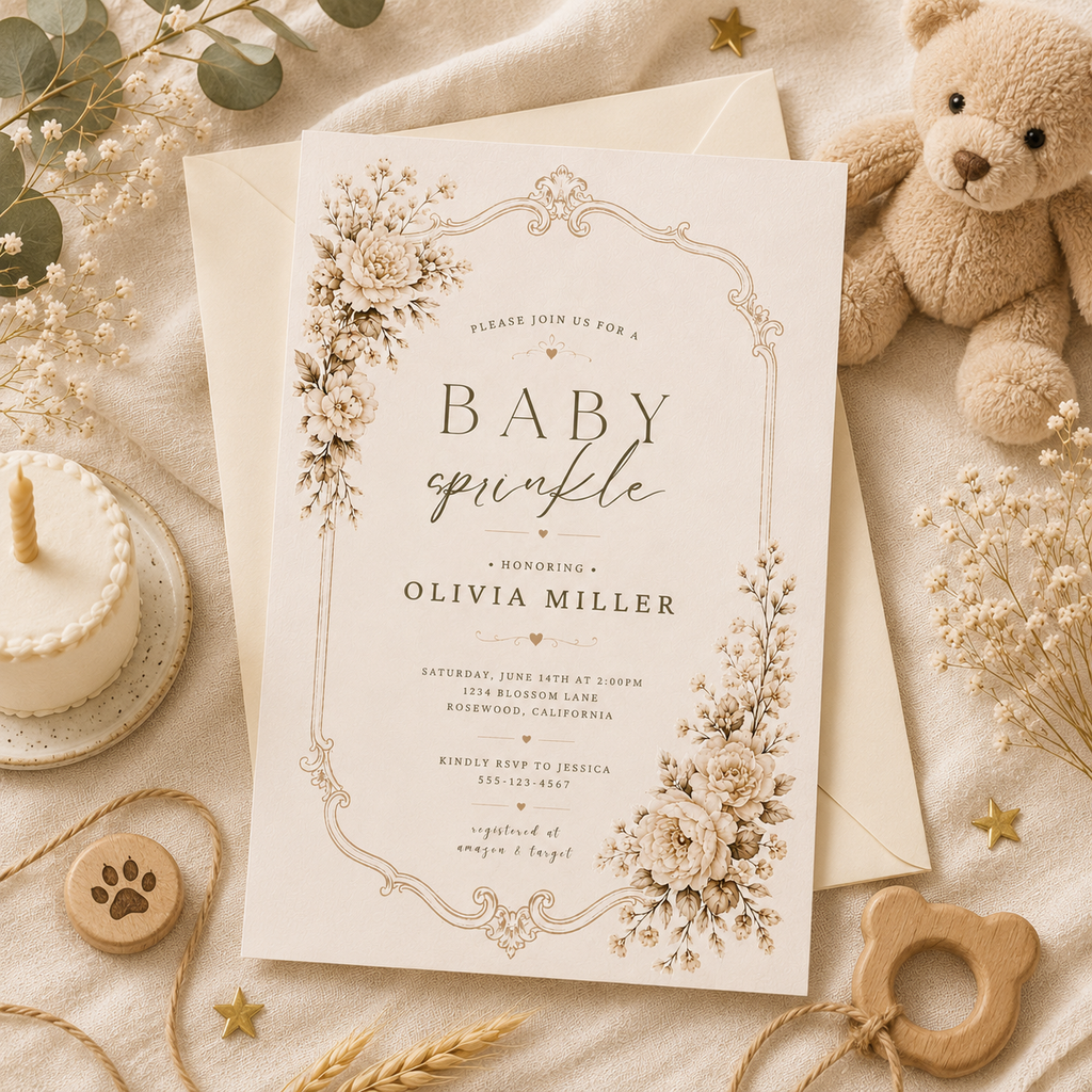 Vintage Baby Sprinkle Invitation — Sepia Cream