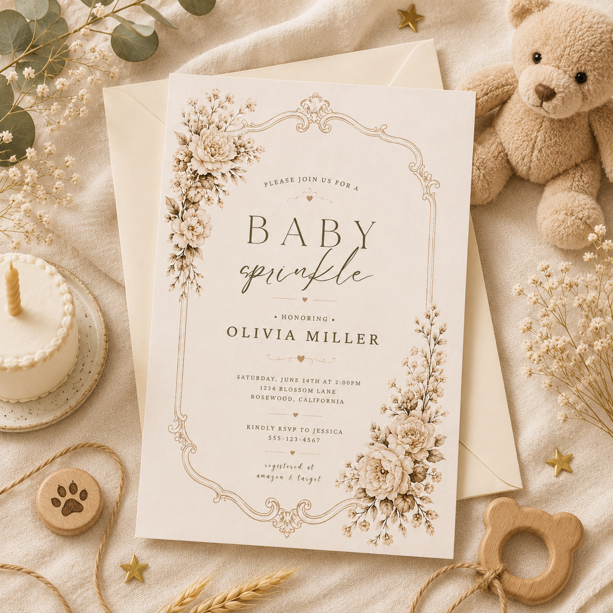 Vintage Baby Sprinkle Invitation — Sepia Cream