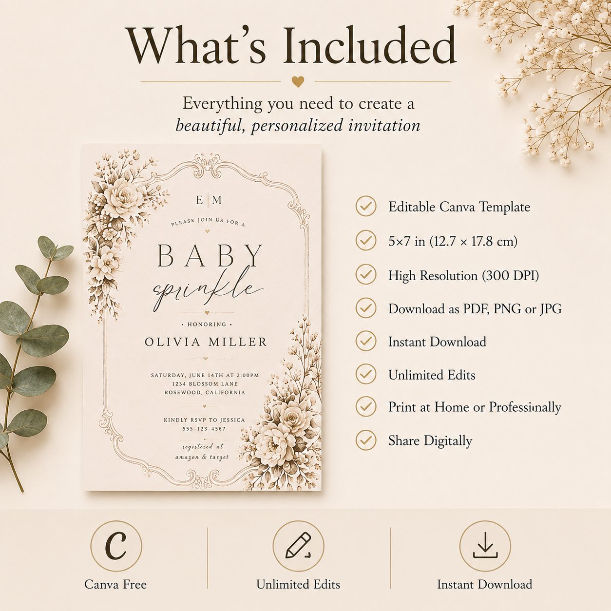Vintage Baby Sprinkle Invitation — Sepia Cream