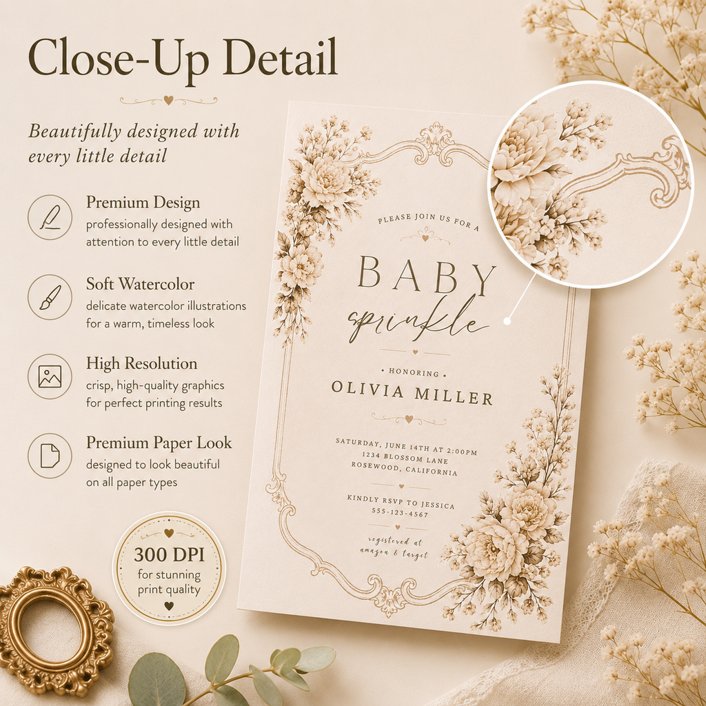 Vintage Baby Sprinkle Invitation — Sepia Cream