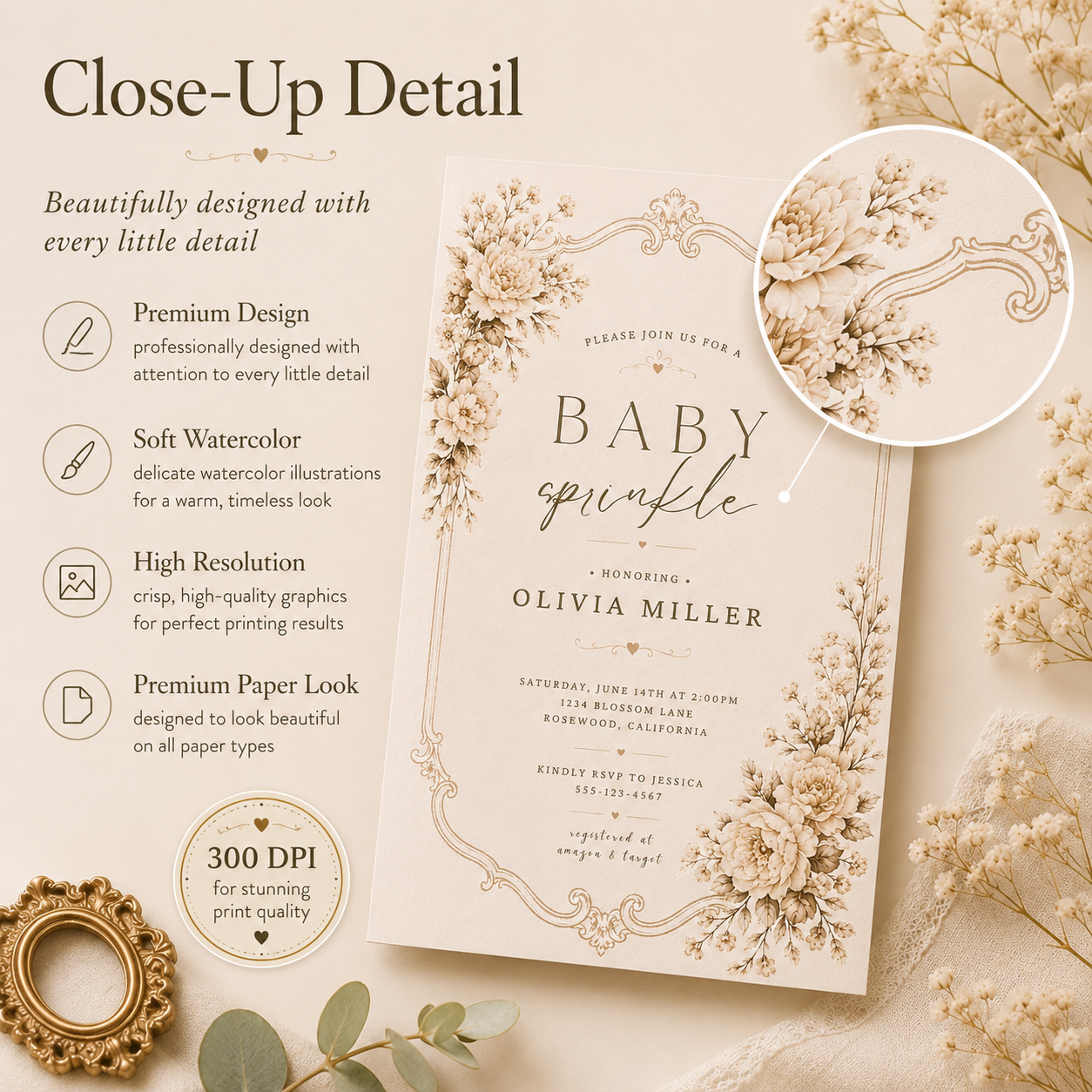 Vintage Baby Sprinkle Invitation — Sepia Cream
