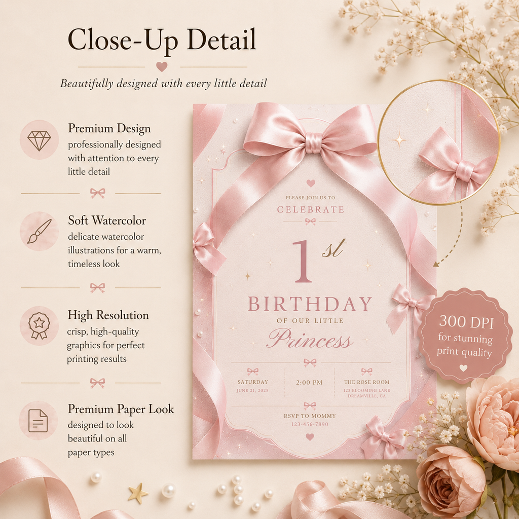 Pink Bow 1st Birthday Invitation Girl – Coquette