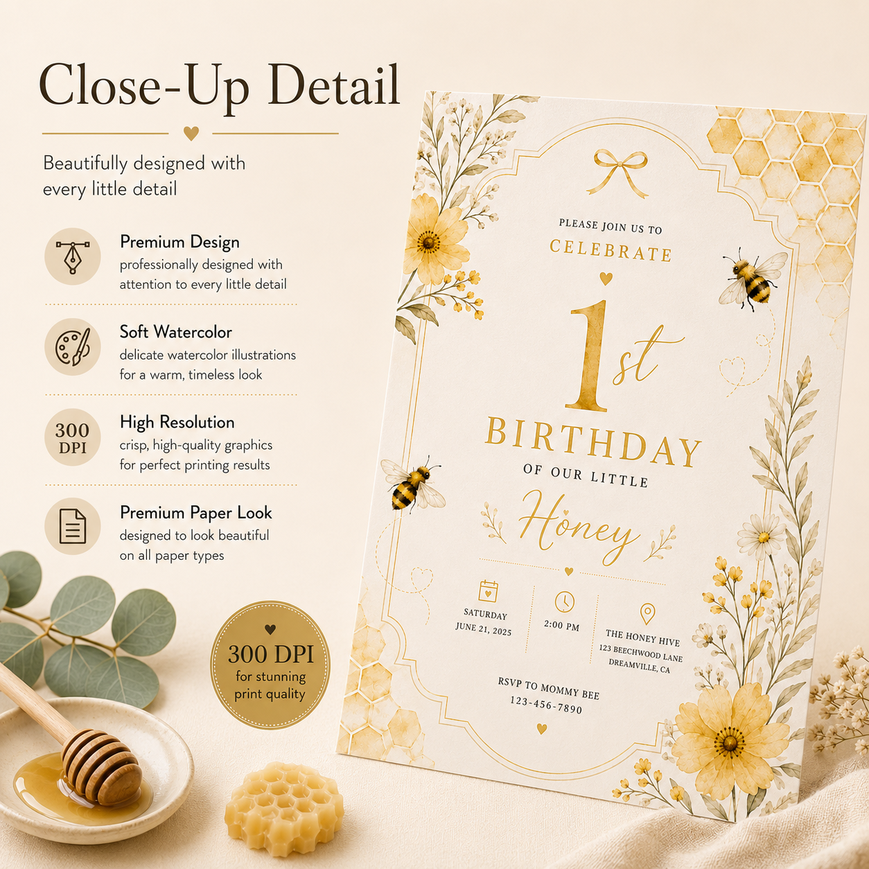 Bee First Birthday Invitation