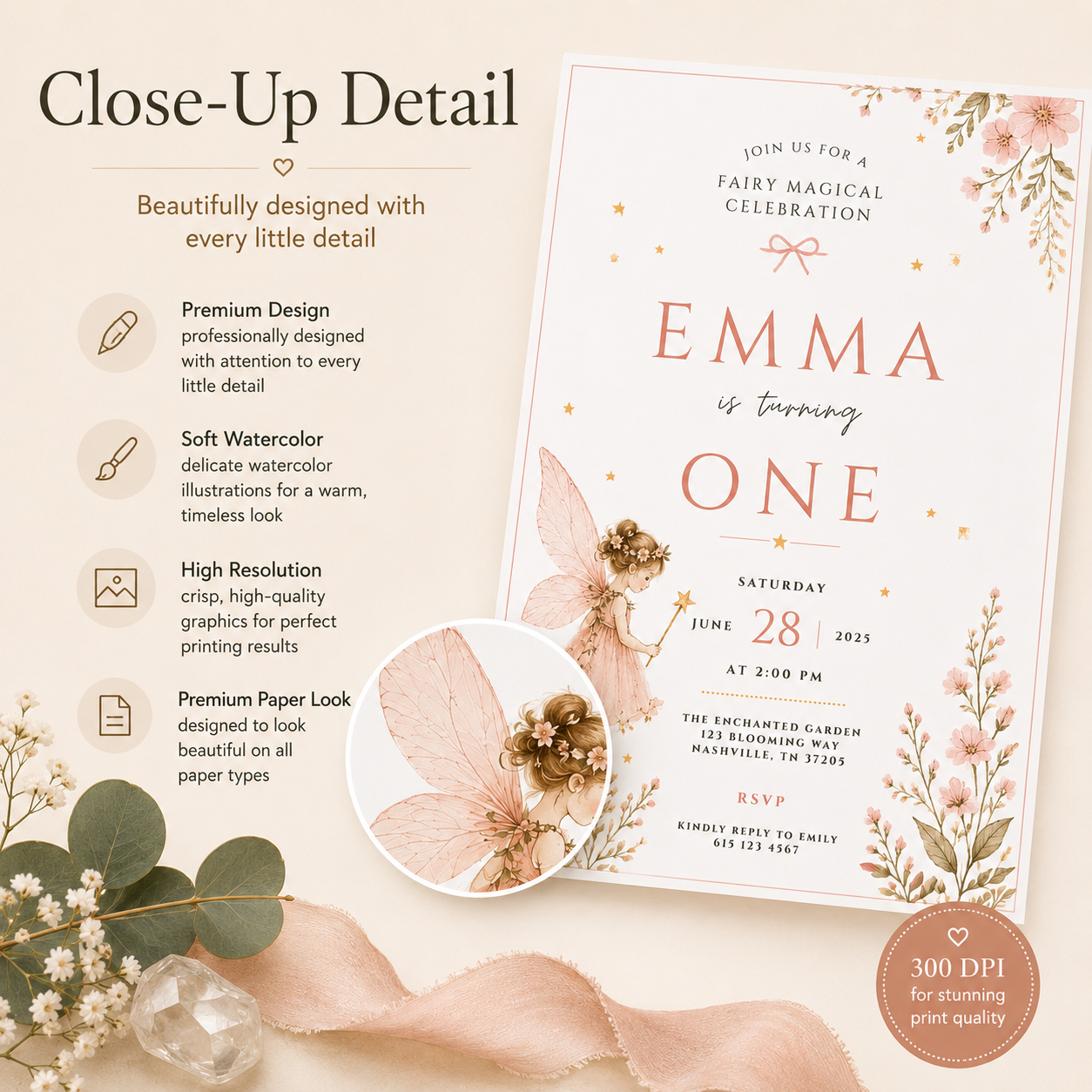 Fairy First Birthday Invitation – Magical Garden