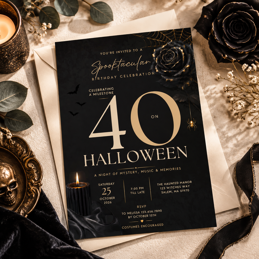 Milestone Birthday Halloween Invitation - Dark Gold & Cream
