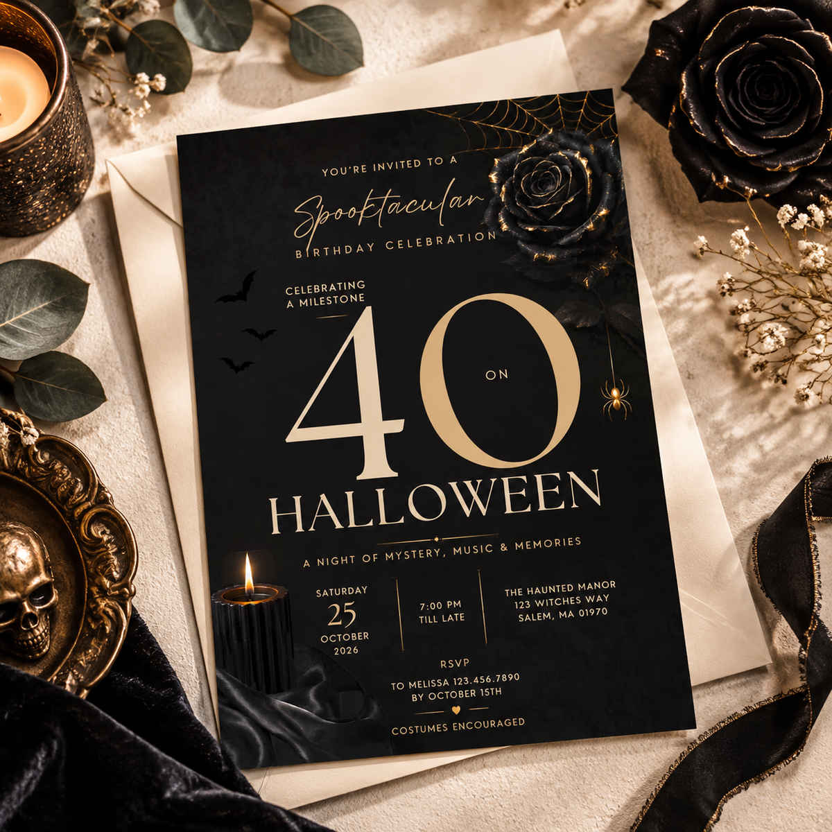 Milestone Birthday Halloween Invitation - Dark Gold & Cream
