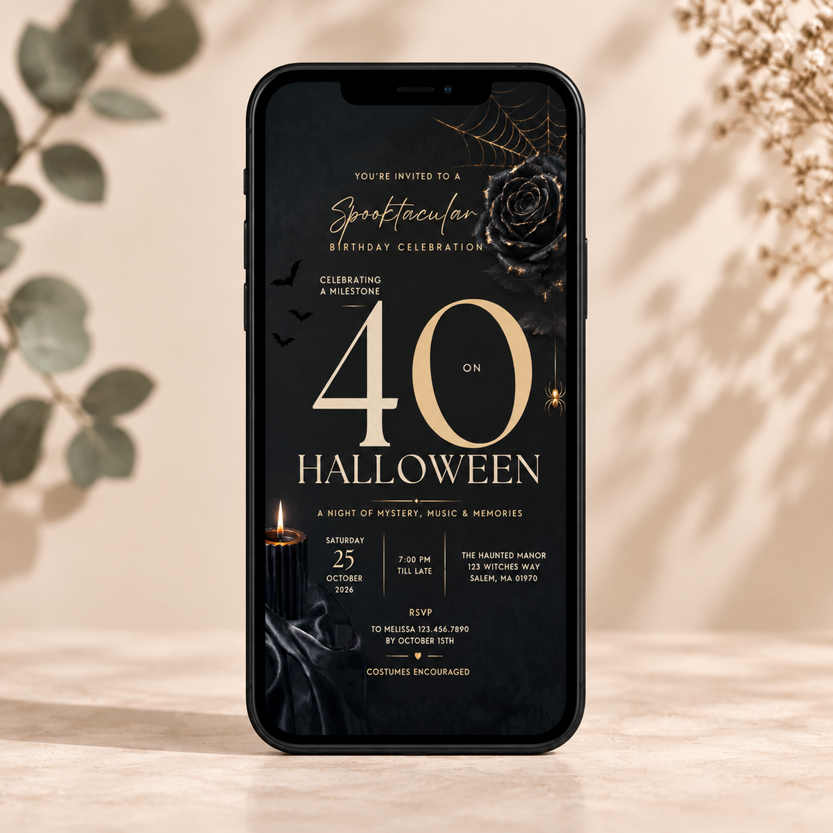 Milestone Birthday Halloween Invitation - Dark Gold & Cream