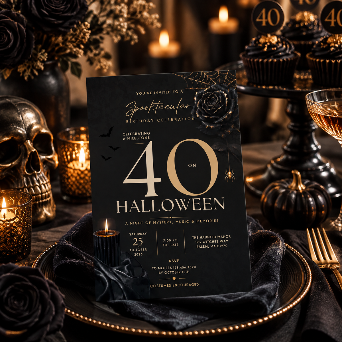 Milestone Birthday Halloween Invitation - Dark Gold & Cream
