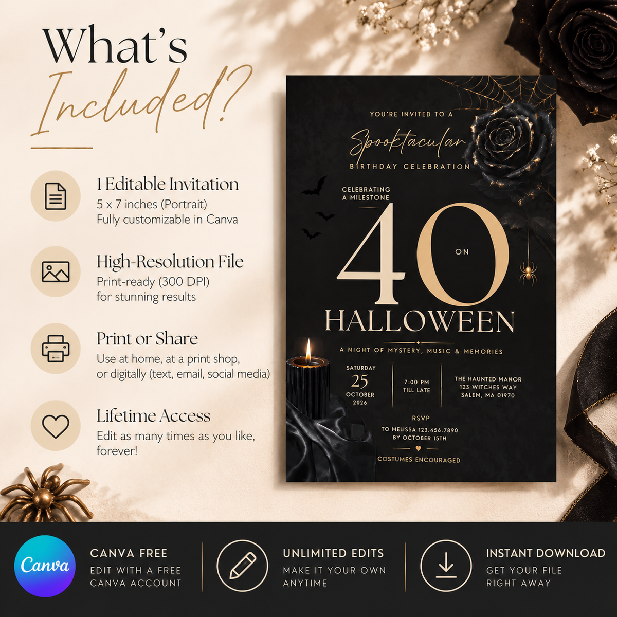 Milestone Birthday Halloween Invitation - Dark Gold & Cream
