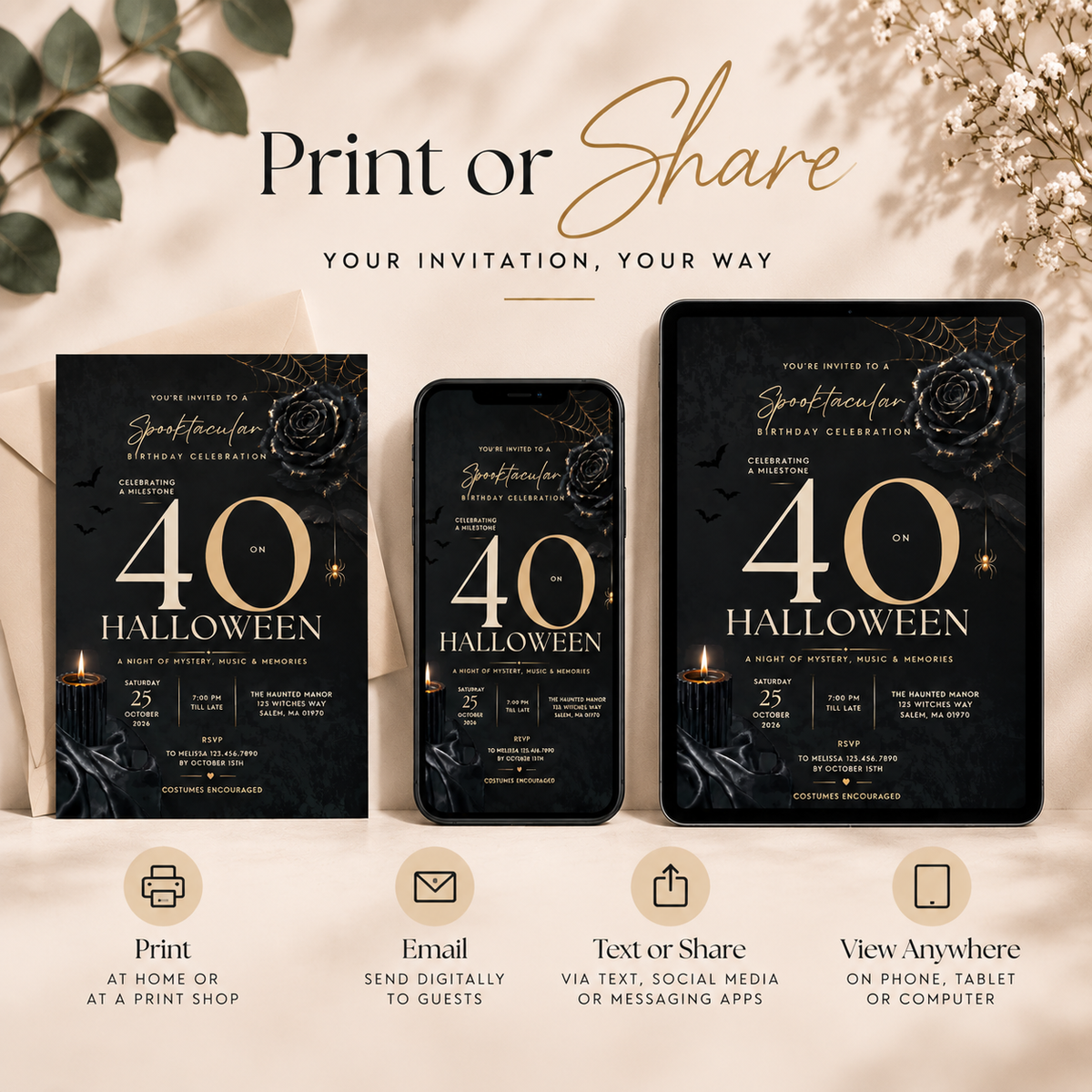 Milestone Birthday Halloween Invitation - Dark Gold & Cream