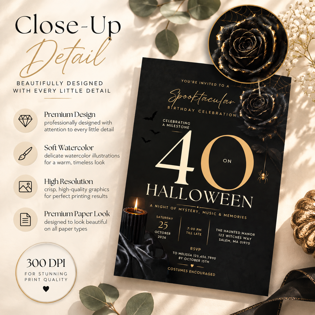 Milestone Birthday Halloween Invitation - Dark Gold & Cream