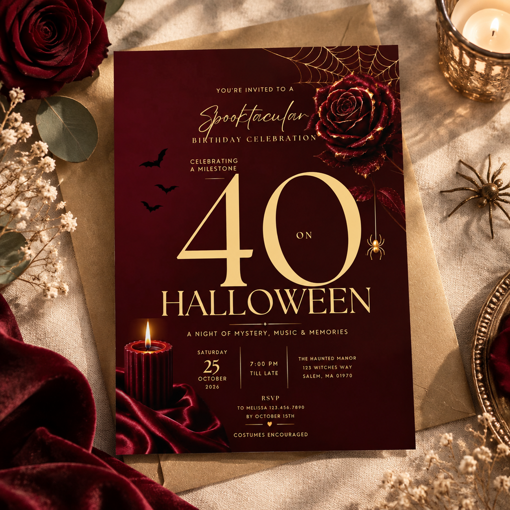 Milestone Birthday Halloween Invitation - Dark Burgundy & Gold