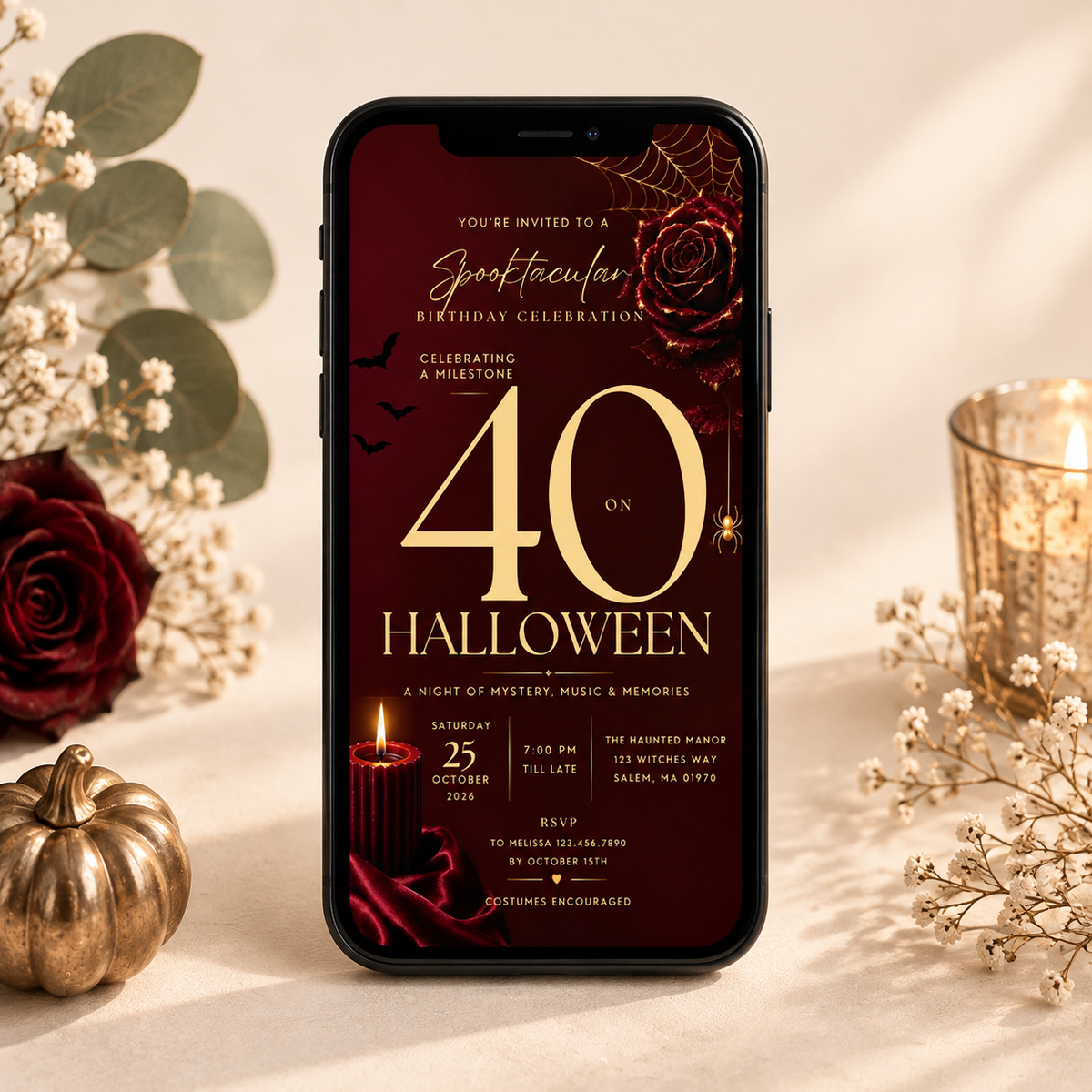 Milestone Birthday Halloween Invitation - Dark Burgundy & Gold