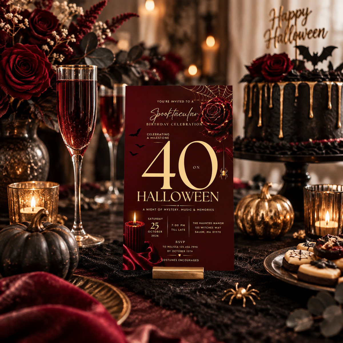 Milestone Birthday Halloween Invitation - Dark Burgundy & Gold