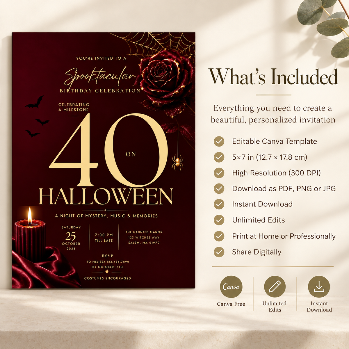 Milestone Birthday Halloween Invitation - Dark Burgundy & Gold