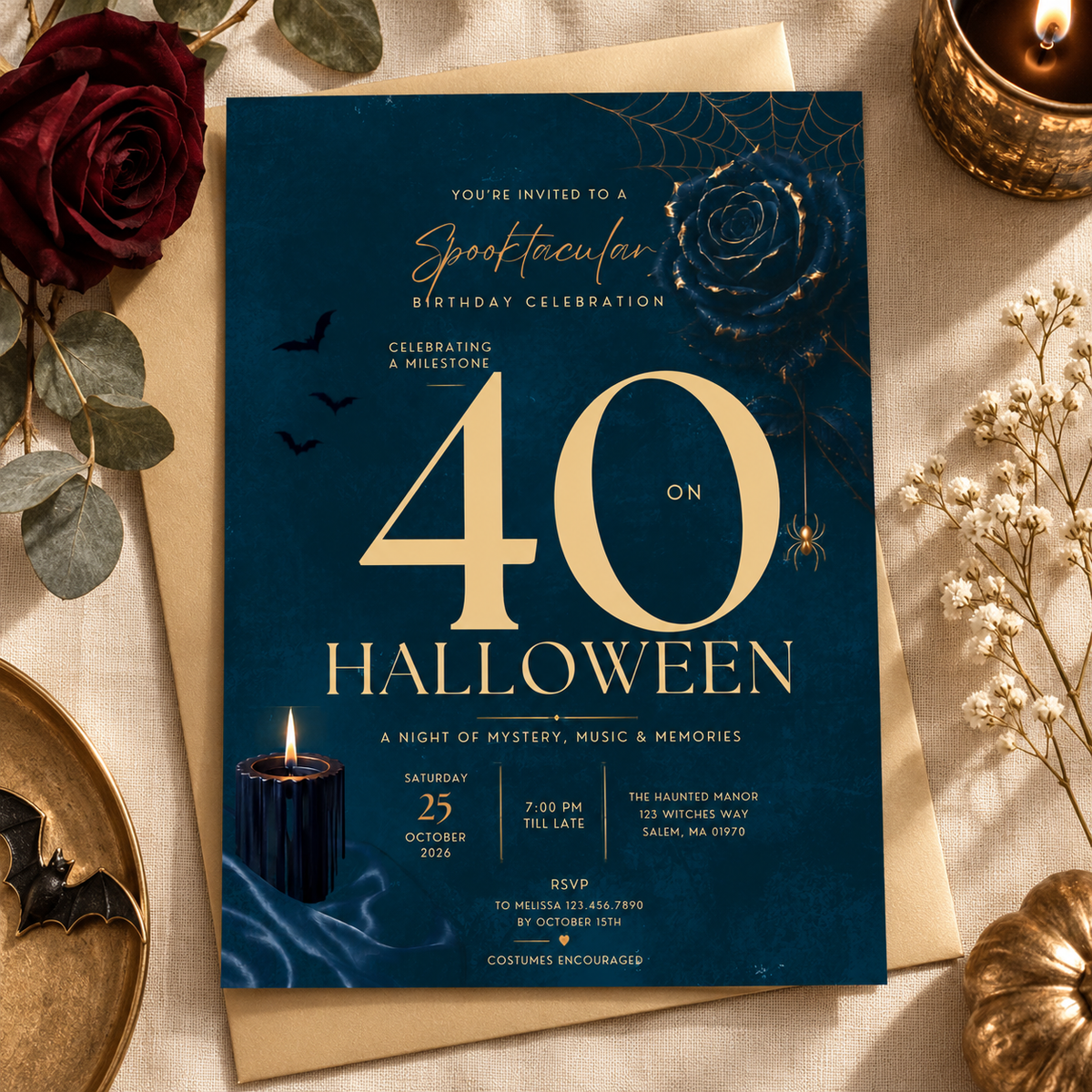 Milestone Birthday Halloween Invitation - Dark Navy & Gold