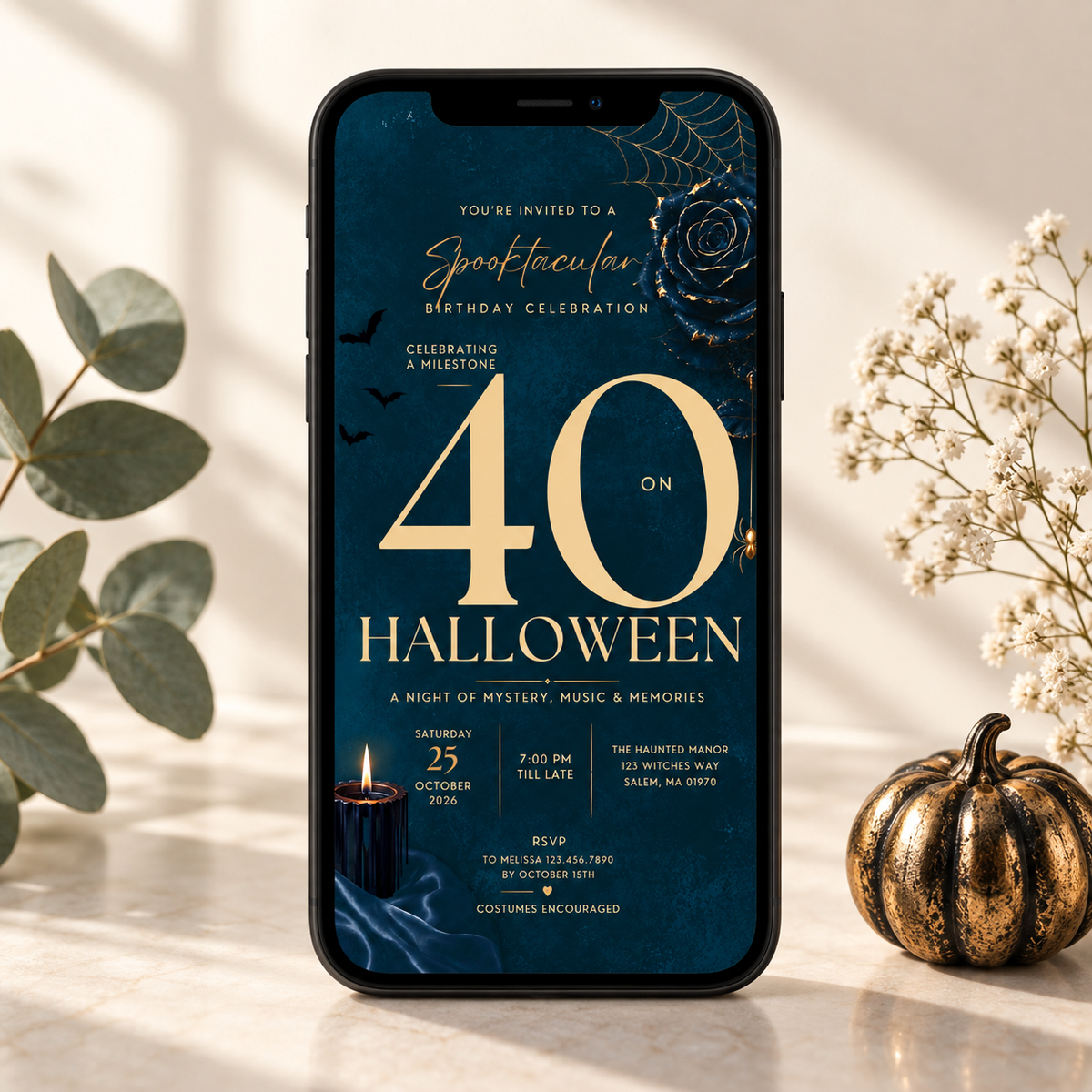 Milestone Birthday Halloween Invitation - Dark Navy & Gold