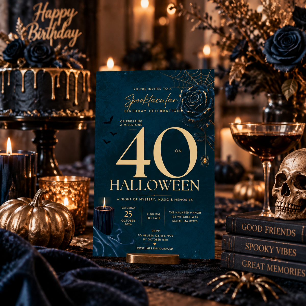 Milestone Birthday Halloween Invitation - Dark Navy & Gold