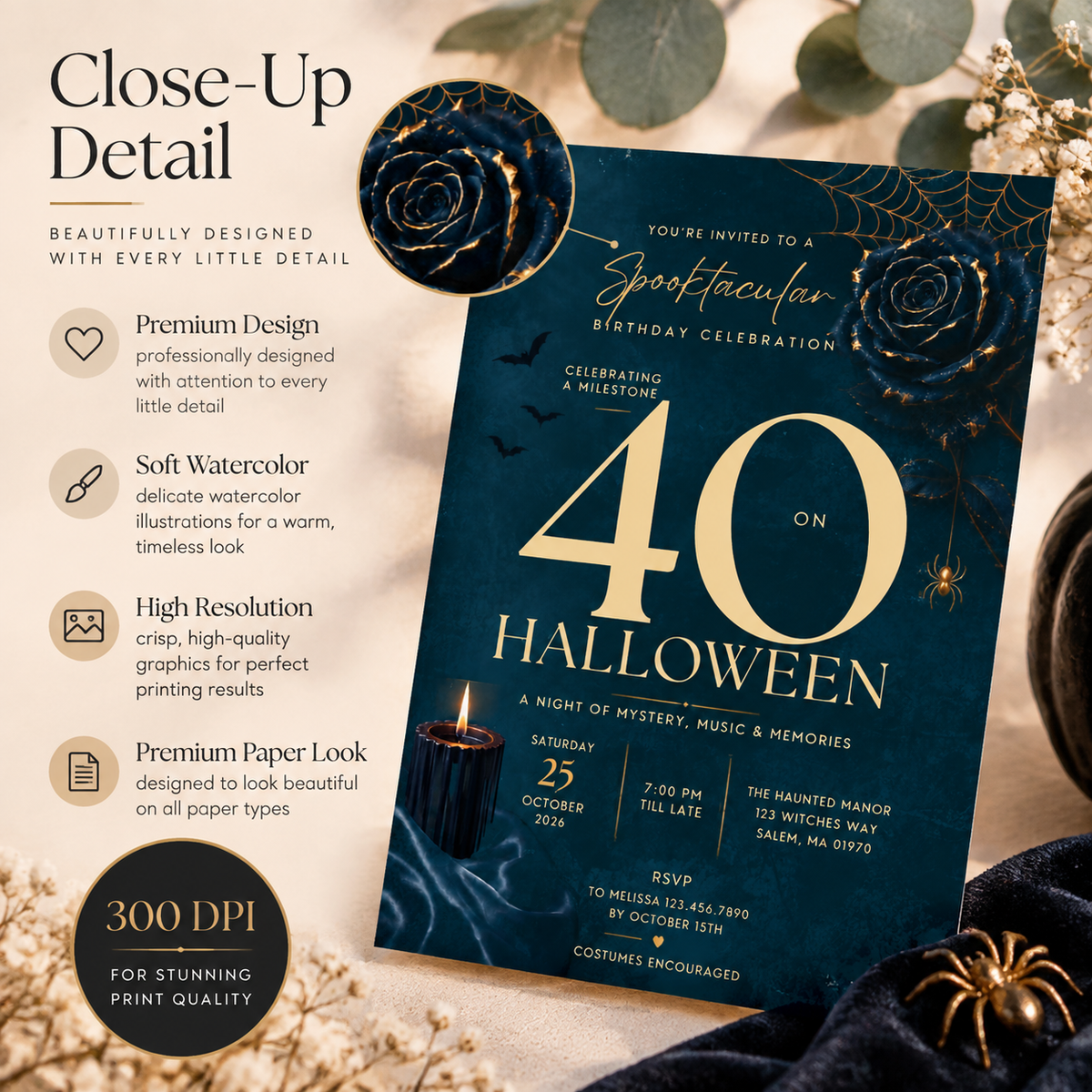Milestone Birthday Halloween Invitation - Dark Navy & Gold