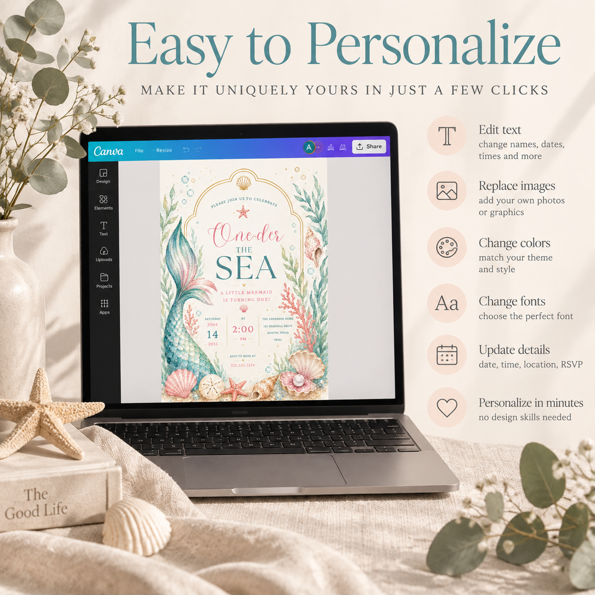 Easy to Personalize: Editing the Watercolor Mermaid Birthday Invitation in Canva