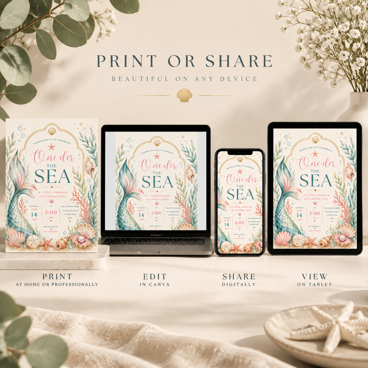 Watercolor Mermaid Birthday Invitation
