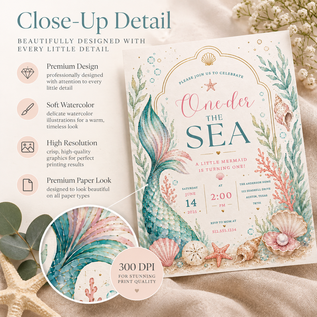 Watercolor Mermaid Birthday Invitation