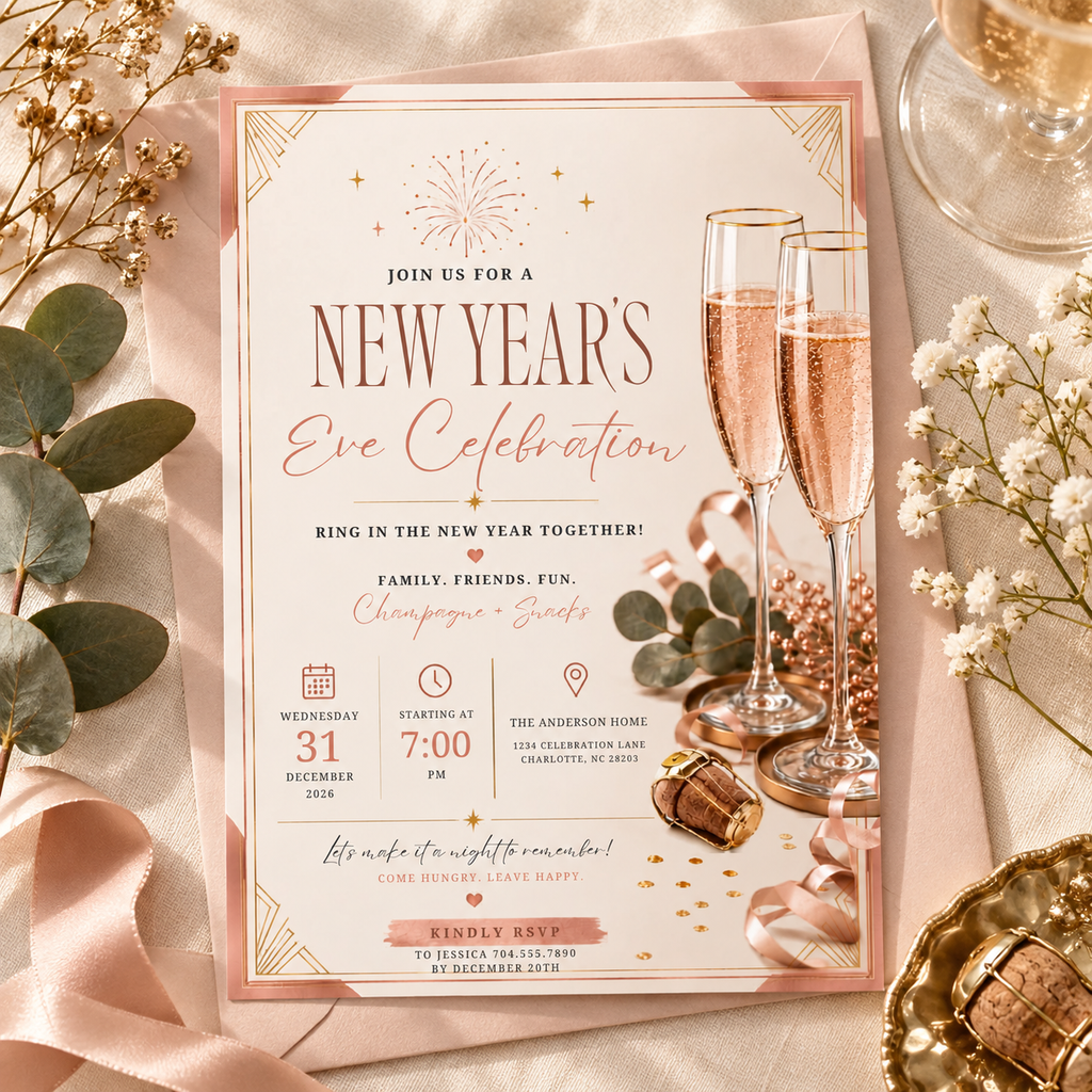 Hero: Casual Family NYE Invitation, Champagne Blush Party Invite