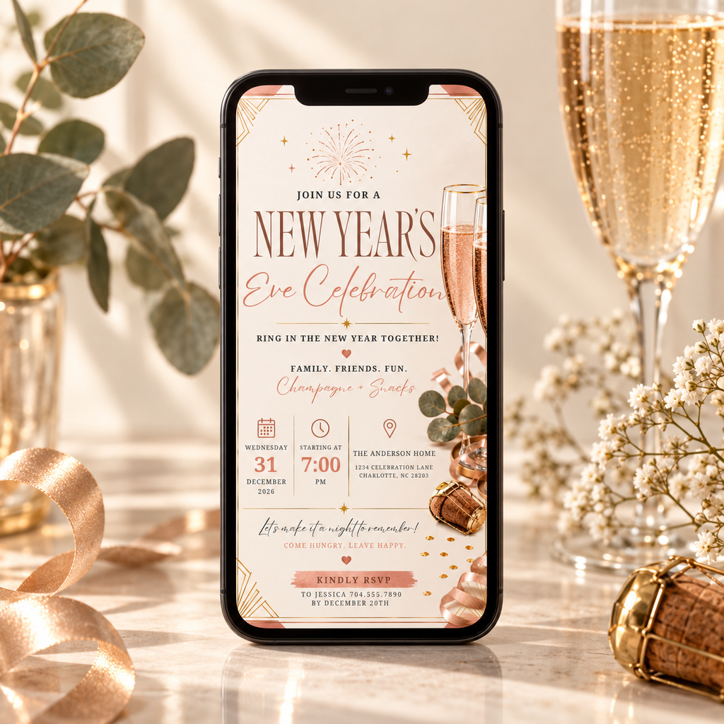 Phone-Preview: Casual Family NYE Invitation, Champagne Blush Party Invite