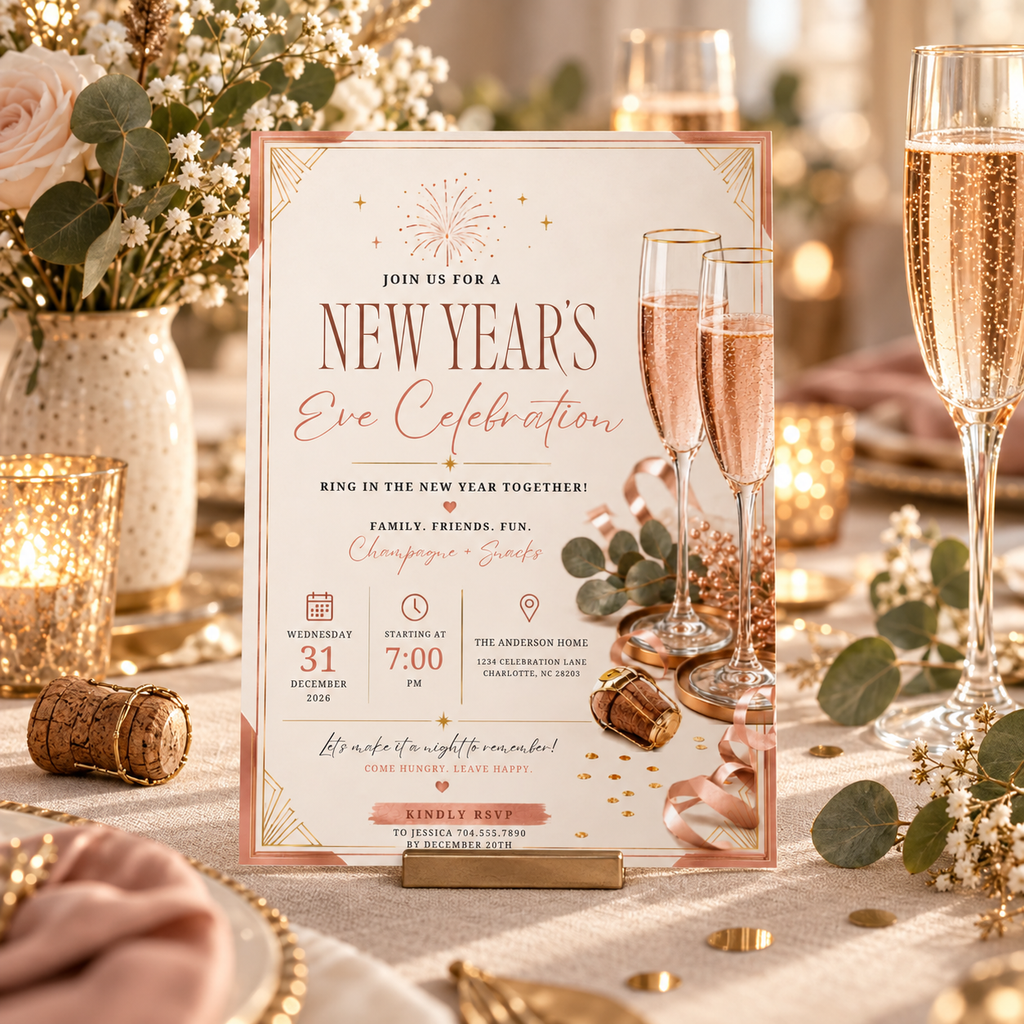 Lifestyle: Casual Family NYE Invitation, Champagne Blush Party Invite