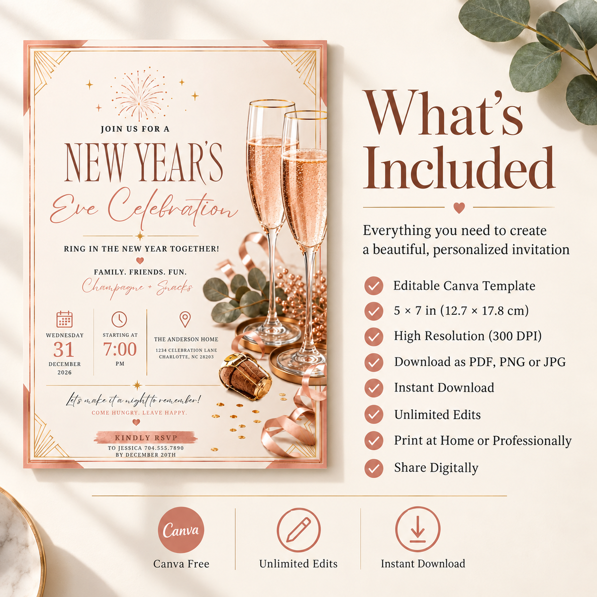 Whats-Included: Casual Family NYE Invitation, Champagne Blush Party Invite