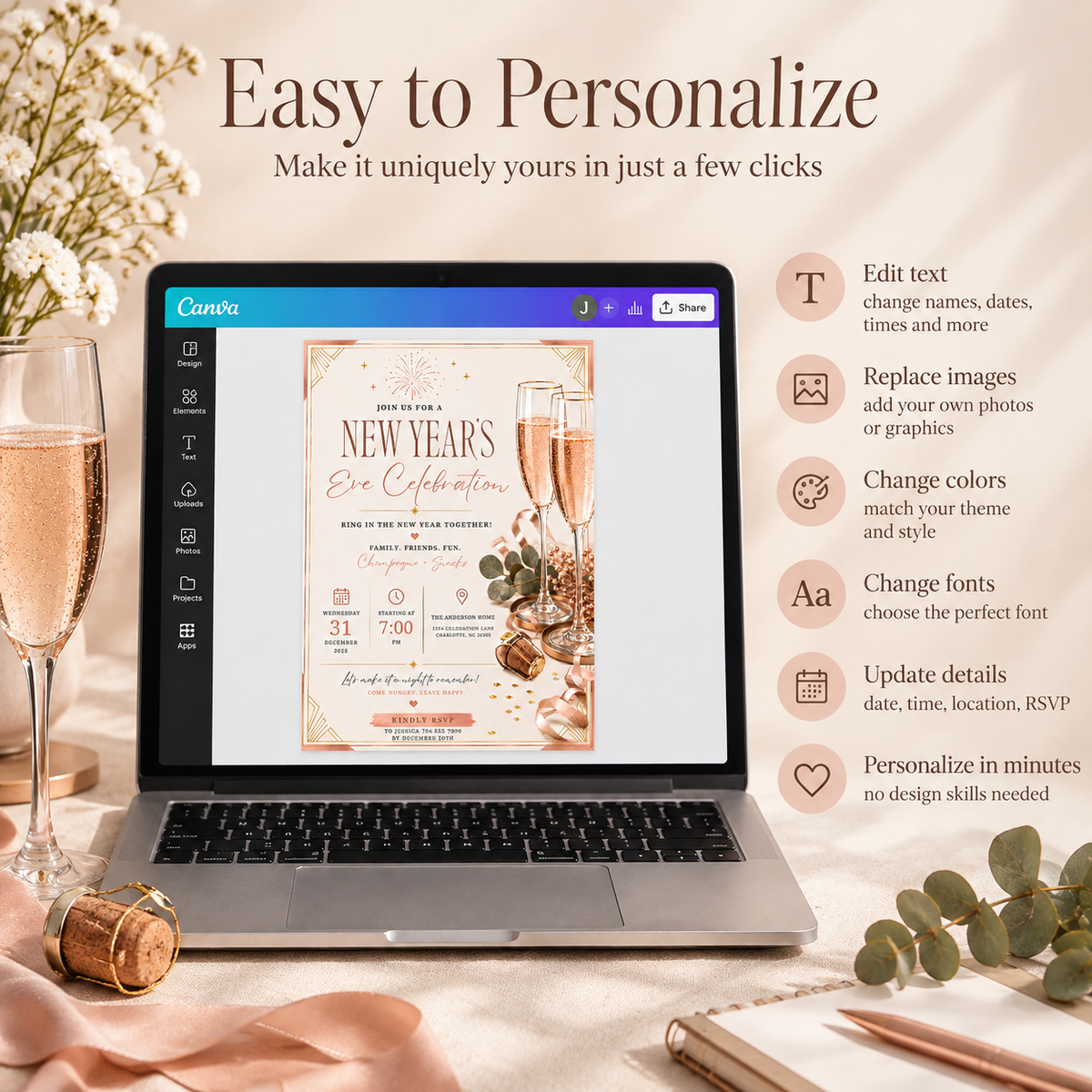 Easy-To-Personalize:  Casual Family NYE Invitation, Champagne Blush Party Invite