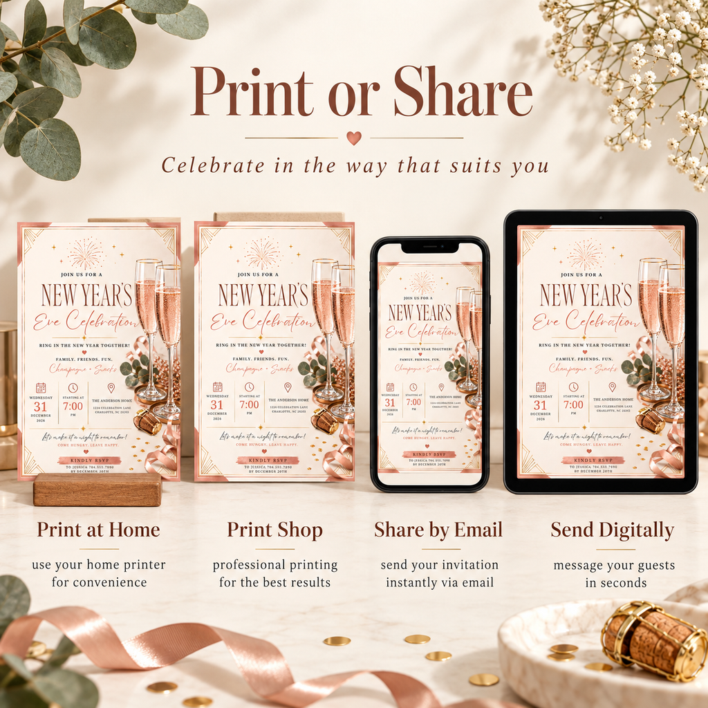 Print-Or-Share: Casual Family NYE Invitation, Champagne Blush Party Invite