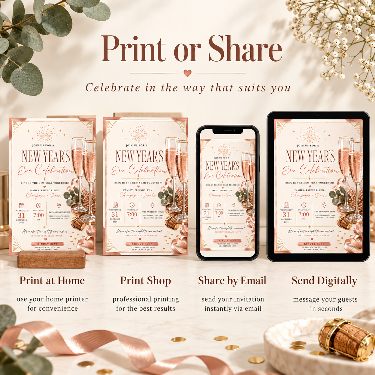 Print-Or-Share: Casual Family NYE Invitation, Champagne Blush Party Invite