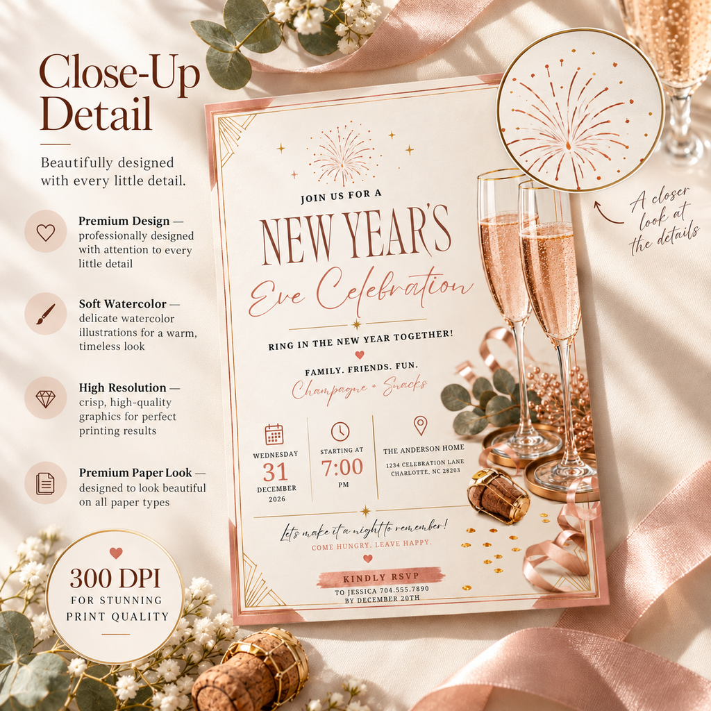 Close-Up-Detail: Casual Family NYE Invitation, Champagne Blush Party Invite