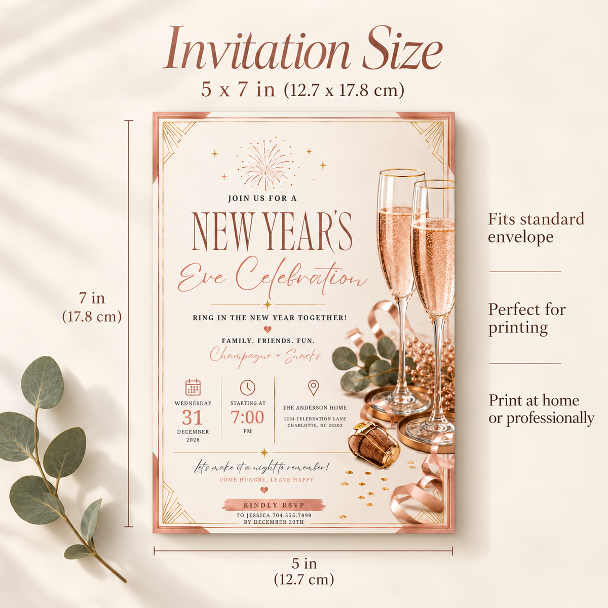 Size-Guide: Casual Family NYE Invitation, Champagne Blush Party Invite