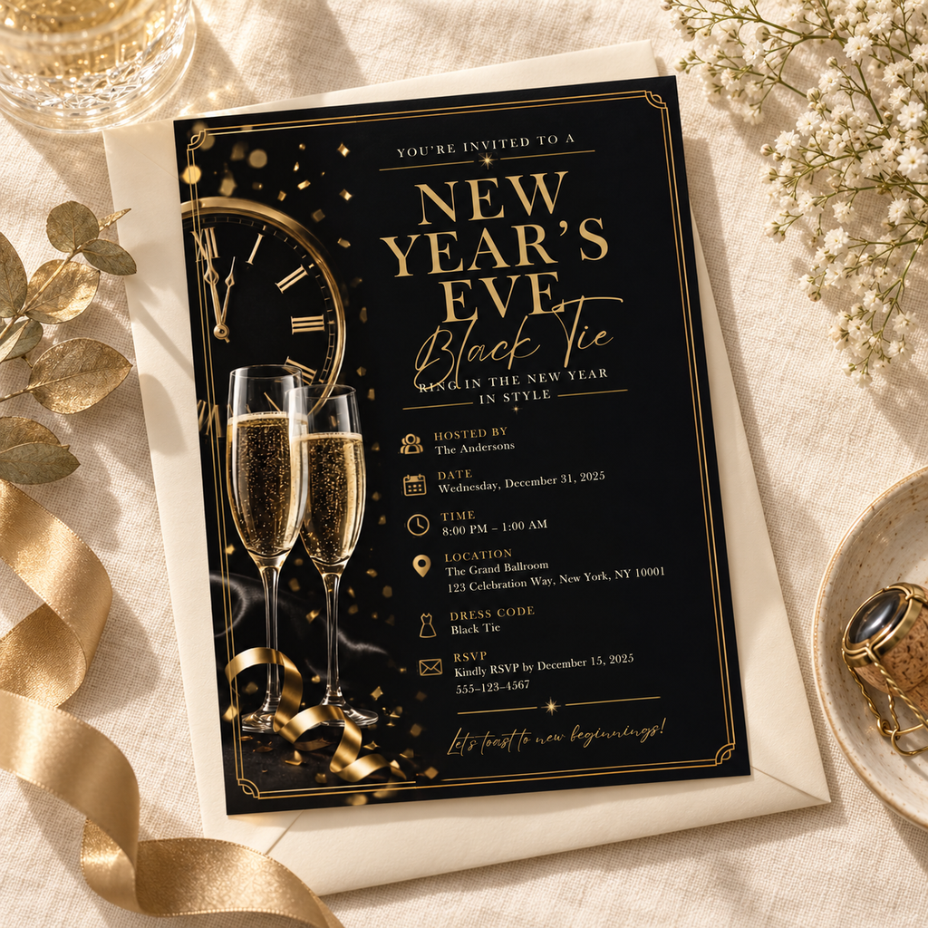 Black Tie NYE Invitation, Elegant Black Silver Formal Party Invite
