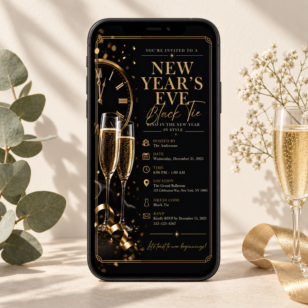 Black Tie NYE Invitation, Elegant Black Silver Formal Party Invite