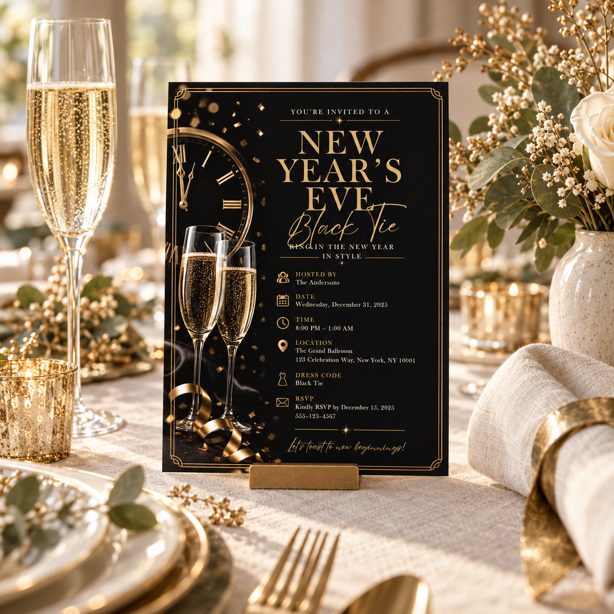 Black Tie NYE Invitation, Elegant Black Silver Formal Party Invite