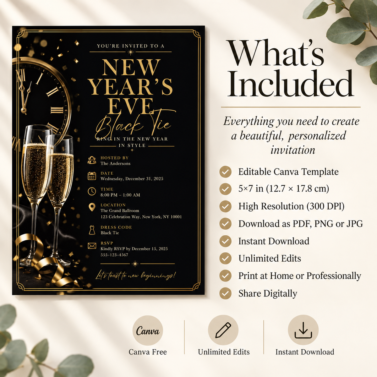 Black Tie NYE Invitation, Elegant Black Silver Formal Party Invite