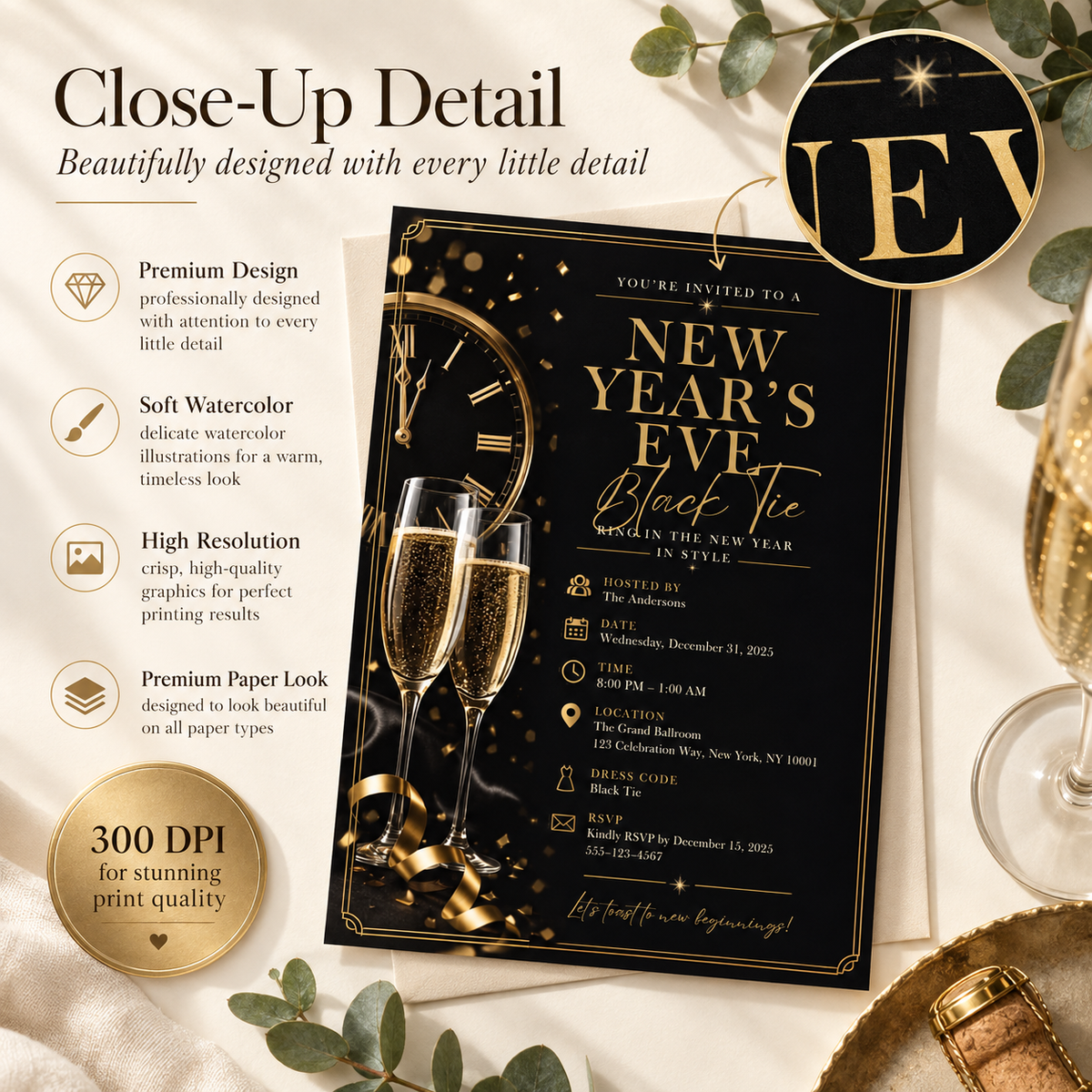 Black Tie NYE Invitation, Elegant Black Silver Formal Party Invite